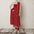 Crimson red silk crepe kameez with gold embroidery having sequin work in floral design. Crimson red plain salwar with silk dupatta having gold embroidery-D12676
