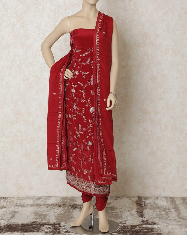 Crimson red silk crepe kameez with gold embroidery having sequin work in floral design. Crimson red plain salwar with silk dupatta having gold embroidery-D12676 Regal Fabrics