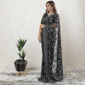 Black, Cloud grey two tone Premium French chantilly lace saree having stone work in floral design-D9588