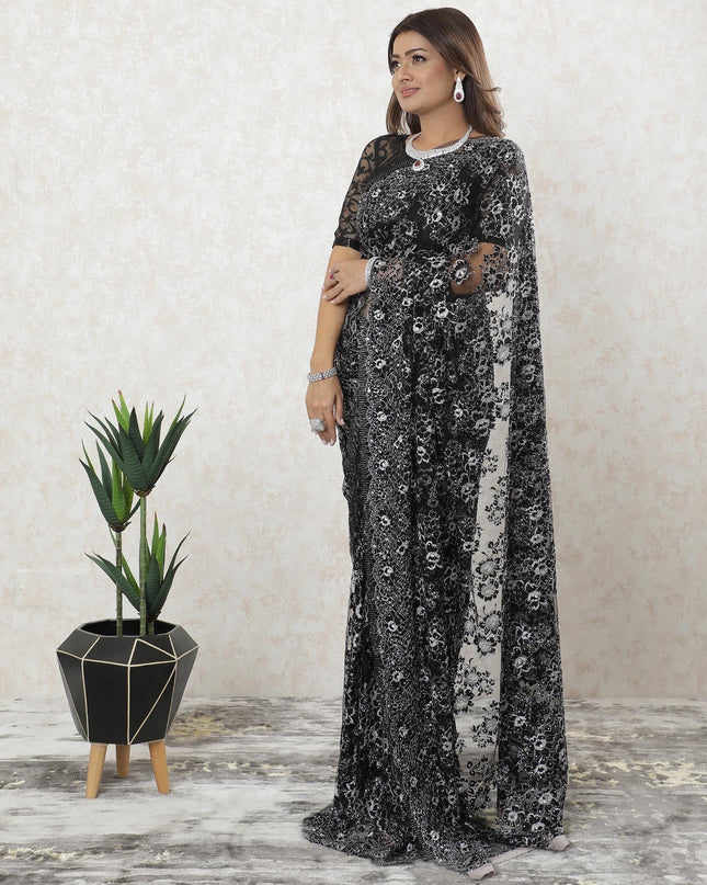 Black, Cloud grey two tone Premium French chantilly lace saree having stone work in floral design-D9588