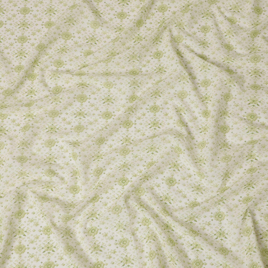 Off white cotton voile fabric with sage green print in floral design-D15061