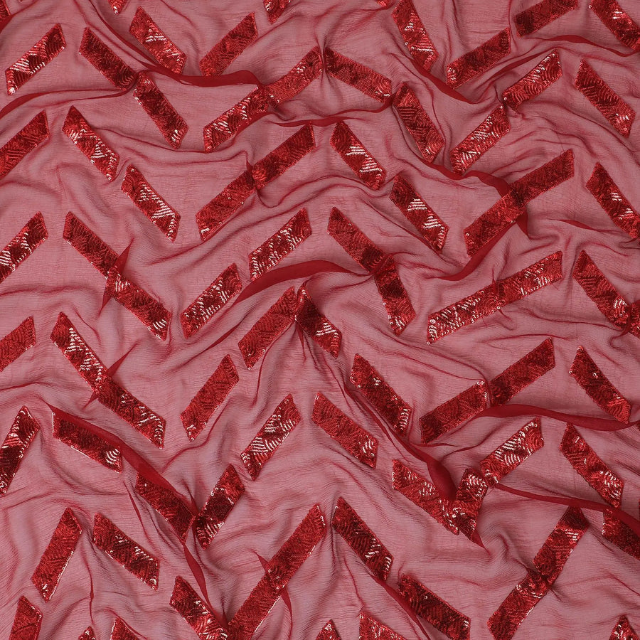 Crimson red premium pure silk chiffon fabric with same tone sequins embroidery in geometric design-D13624 Regal Fabrics