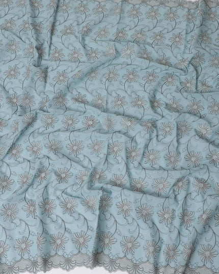 Light mint blue Premium pure 100% Swiss cotton voile (Sudanese Thobe) fabric with grey and silver embroidery having stone work in fancy design-D13797