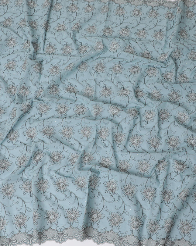 Light mint blue Premium pure 100% Swiss cotton voile (Sudanese Thobe) fabric with grey and silver embroidery having stone work in fancy design-D13797