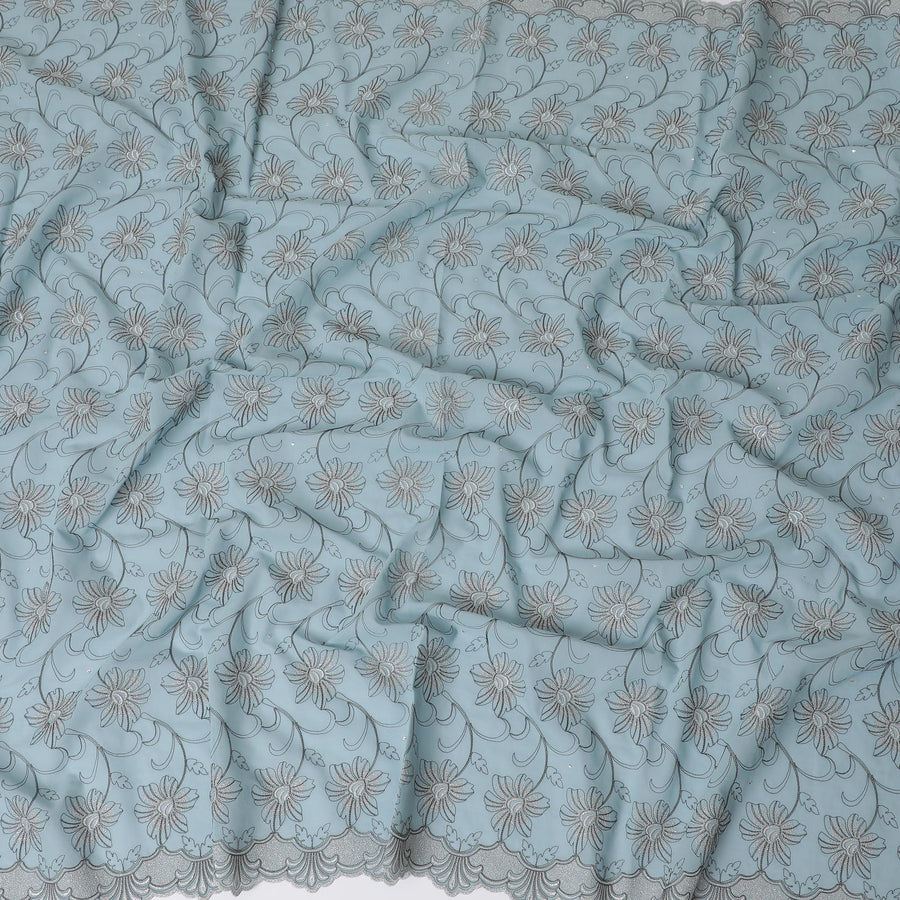 Light mint blue Premium pure 100% Swiss cotton voile (Sudanese Thobe) fabric with grey and silver embroidery having stone work in fancy design-D13797