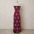 Jam purple blended cotton lawn fabric with beige pearls, gold and red embroidery in floral design-D12110