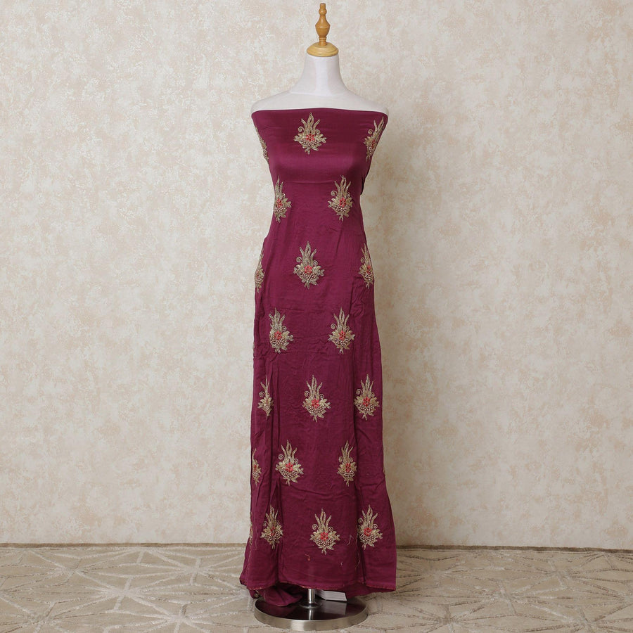 Jam purple blended cotton lawn fabric with beige pearls, gold and red embroidery in floral design-D12110