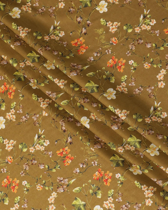 Olive green cotton lawn fabric with multicolor print in floral design-D15263 Regal Fabrics