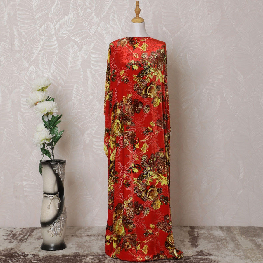 Red Premium pure silk blended velvet makmal dirac fabric with multicolor print having stone work in floral design-D14889