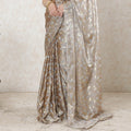 Pale brown Premium pure French silk chiffon saree with pearl river grey viscose and gold metallic lurex in floral design-D10205