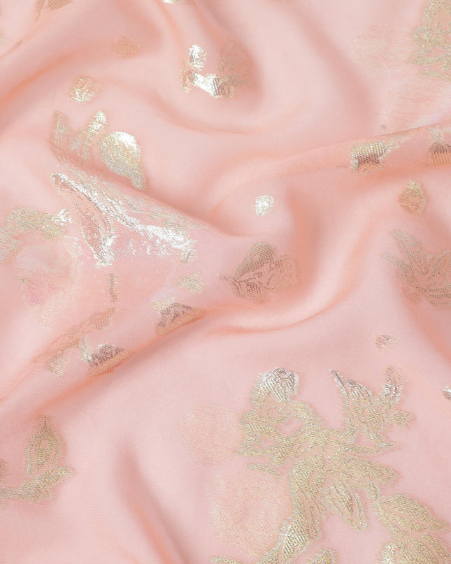 قماش شيفون من الحرير الخالص الخوخي الفاخر مع لوريكس معدني ذهبي وأخضر نيون بتصميم زهور-D13266