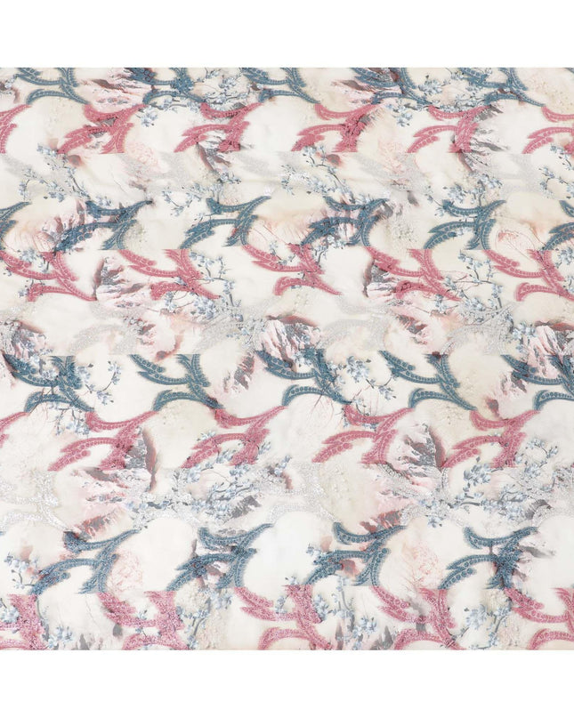 قماش شيفون صناعي بيج لاتيه مع طباعة متعددة الألوان مع لوريكس معدني وردي وفضي وأزرق بتصميم تجريدي -D9674