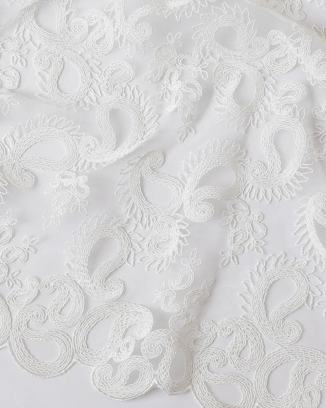 White nylon tulle fabric with same tone embroidery in paisley design-D11695 Regal Fabrics