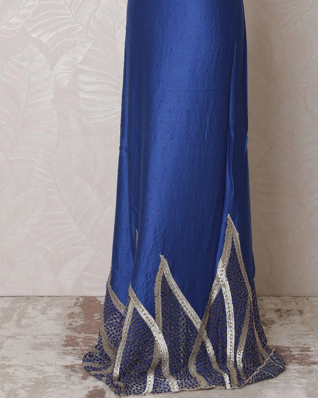 Royal blue blended cotton lawn fabric with gold embroidery having stone work in fancy design-D14735 Regal Fabrics