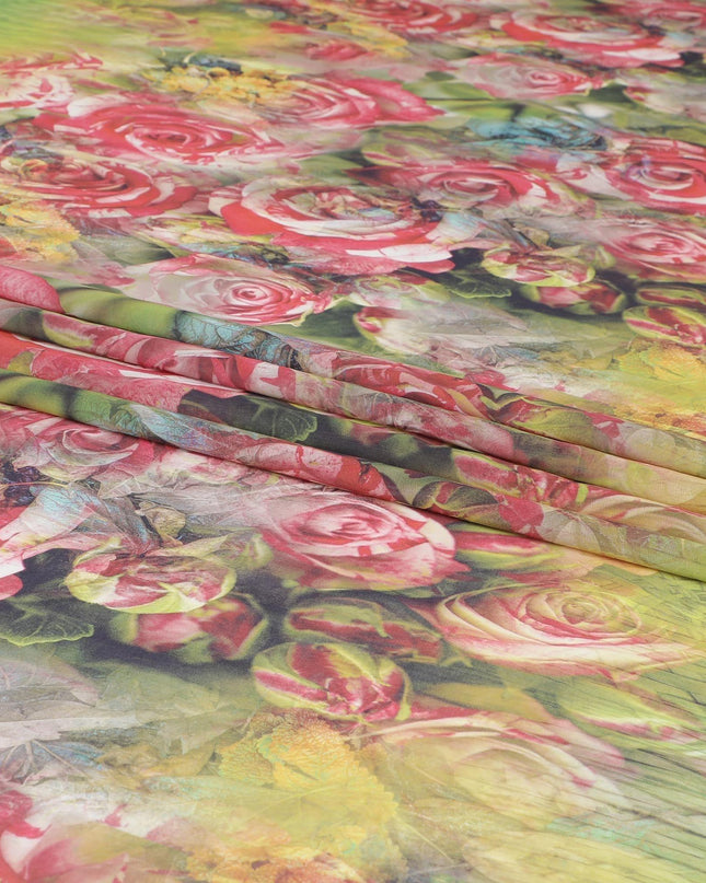 Jade green cotton voile fabric with multicolor print in floral design-D6276