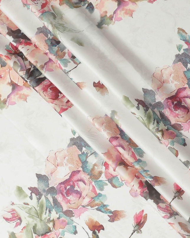 Ivory synthetic satin fabric with multicolor print in floral design-D10276