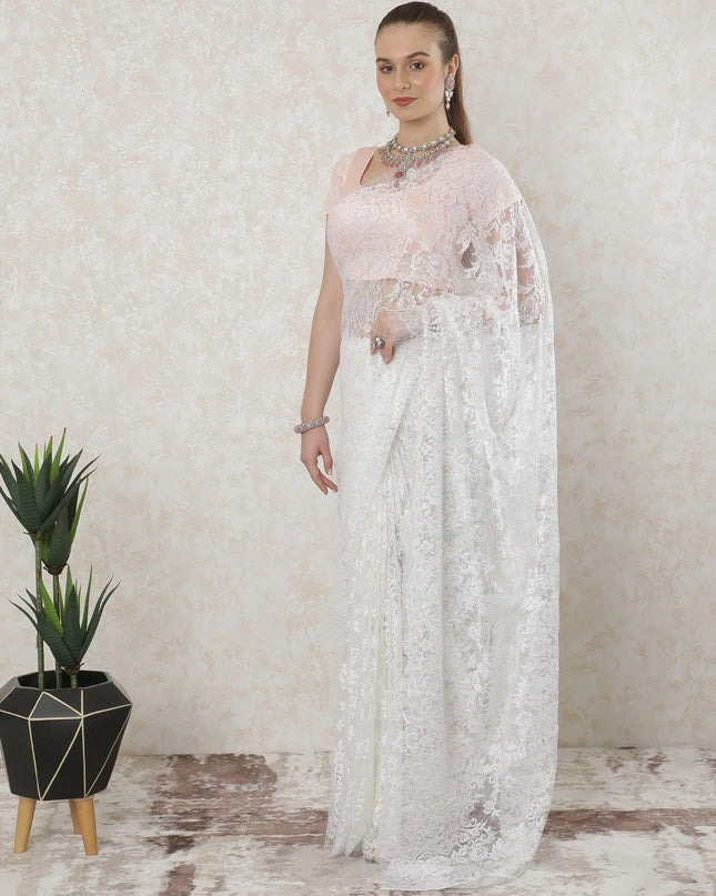 Off white premium French chantilly lace saree with multicolor metallic lurex in floral design-D11459 Regal Fabrics