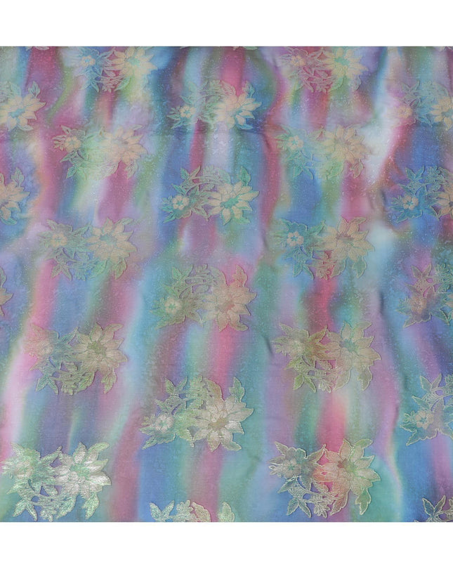 قماش شيفون حريري خالص مطبوع متعدد الألوان مع لوركس معدني ذهبي وفضي بتصميم زهور-D12423