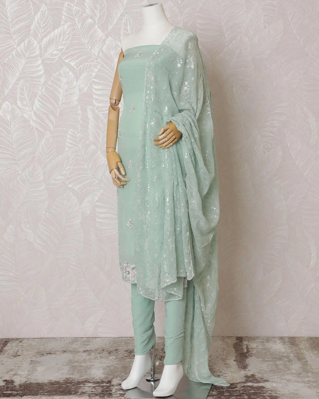 Mint green Premium pure silk crepe kameez with multicolor bead and sequin embroidery in floral design. Mint green plain salwar having same tone chiffon dupatta with multicolor bead and sequin embrodiery-D15004 Regal Fabrics
