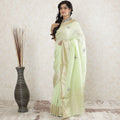 Mint green premium pure cotton silk saree with gold border weave having stone work in floral design-D13486 Regal Fabrics