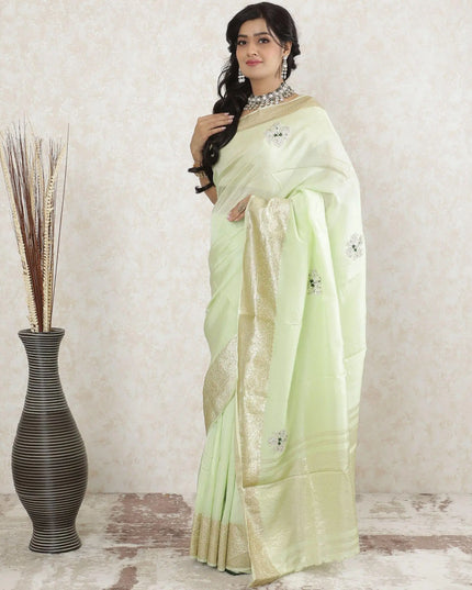 Mint green premium pure cotton silk saree with gold border weave having stone work in floral design-D13486 Regal Fabrics