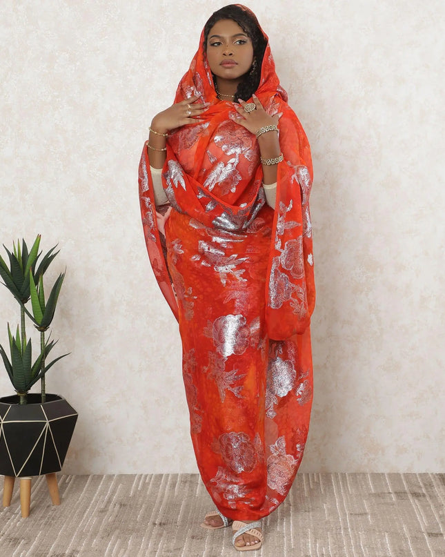 Dark orange Premium pure silk chiffon thobe with multicolor metallic lurex in floral design-D11645 Regal Fabrics