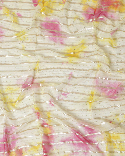 Multicolor synthetic chiffon fabric with gold stripe having same tone metallic dot foil in stripe design-D13656 Regal Fabrics
