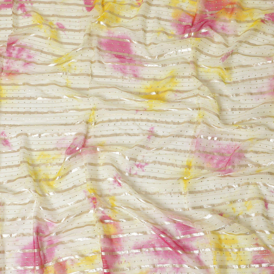 Multicolor synthetic chiffon fabric with gold stripe having same tone metallic dot foil in stripe design-D13656 Regal Fabrics