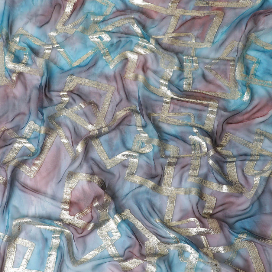 شيفون من الحرير الخالص متعدد الألوان مع لوريكس معدني ذهبي بتصميم تجريدي -D11376
