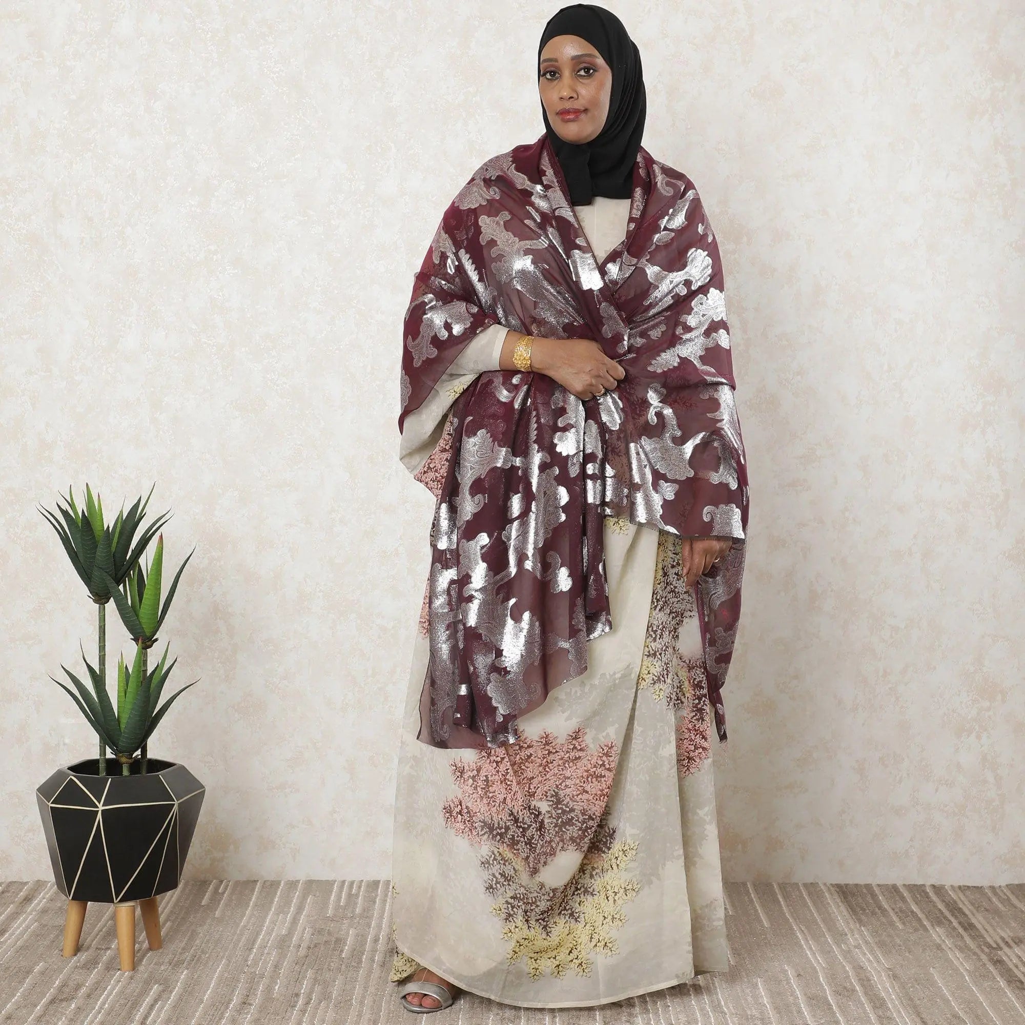 Garbasaar Pattern Burgundy Premium pure French (Fransawi) silk chiffon garbasaar with si ...