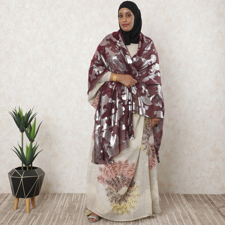 Burgundy Premium pure French (Fransawi) silk chiffon garbasaar with silver metallic lurex in Leaf design-D11565