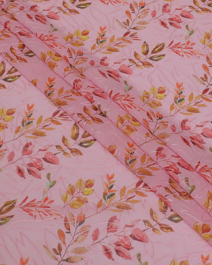 Baby pink premium pure cotton voile fabric with multicolor print and same tone embroidery in fancy design-D13252