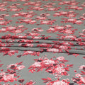 Graphite grey premium pure silk crepe fabric with ruby pink, maroon and light peach print floral design-D9406 Regal Fabrics