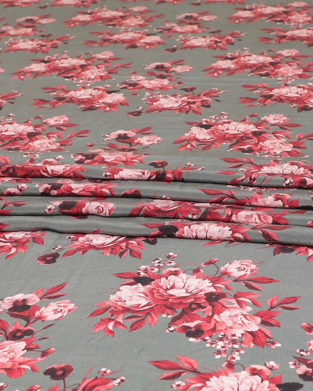 Graphite grey premium pure silk crepe fabric with ruby pink, maroon and light peach print floral design-D9406 Regal Fabrics