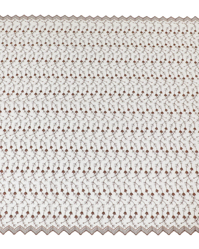 قماش الفوال القطني السويسري الخالص 100% (الثوب السوداني) باللون الأبيض الفاتح مع تطريز بني معدني بتصميم الأزهار-D13790