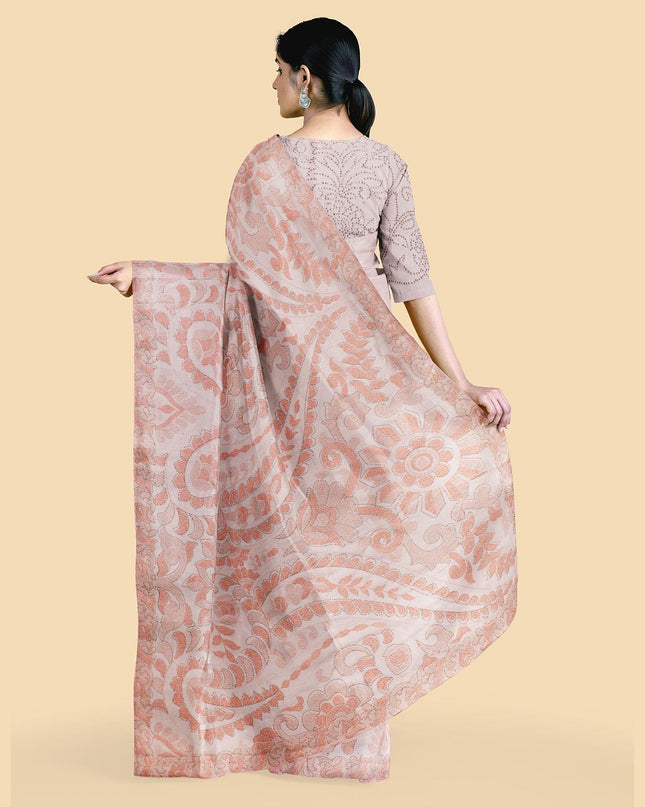 Light peach silk georgette saree with same tone, peach embroidery having stone work in fancy design-D12802