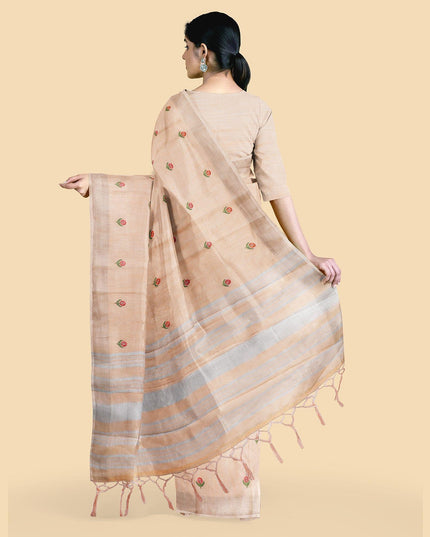 Peach linen saree with multicolor embroidery in floral design-D12799 Regal Fabrics