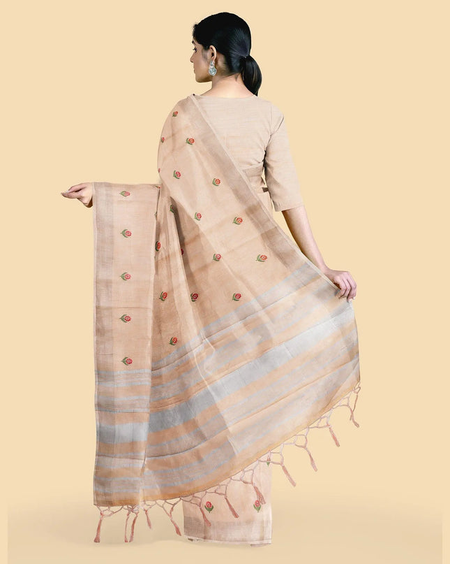 Peach linen saree with multicolor embroidery in floral design-D12799 Regal Fabrics