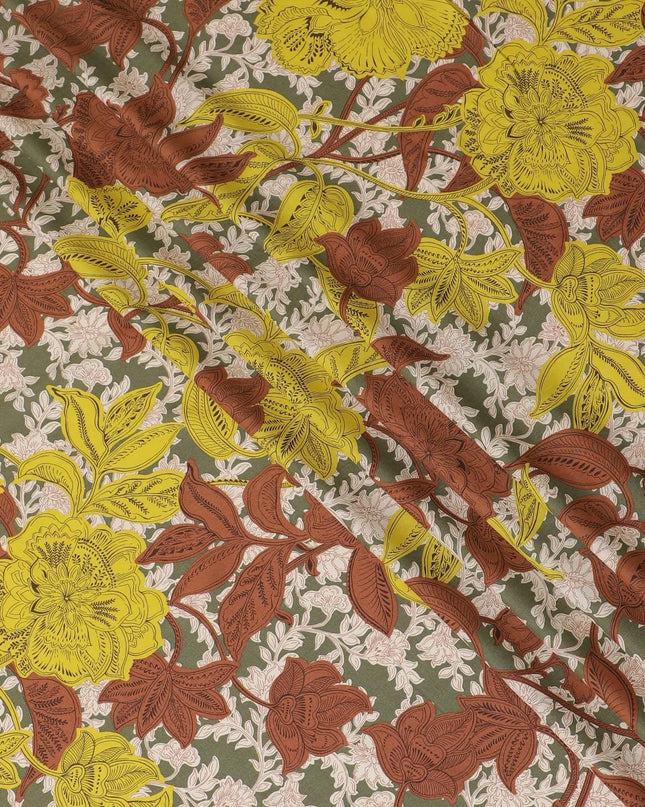 Moss green Premium Italian viscose fabric with multicolor print in floral design-D12524 Regal Fabrics