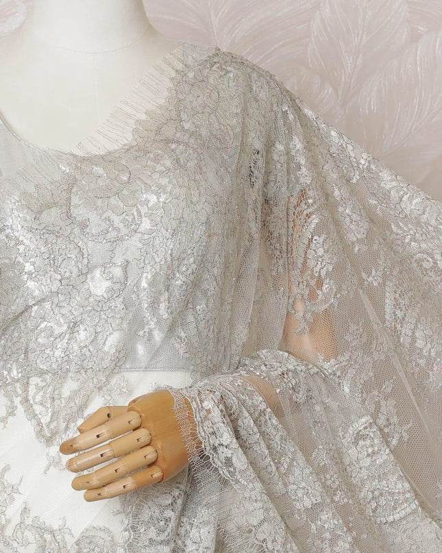 Pearl grey, multicolor Premium pure French metallic chantilly lace saree in floral design-D14551 Regal Fabrics