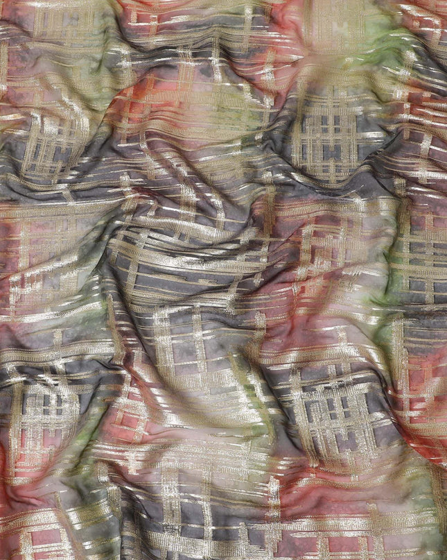قماش شيفون من الحرير الخالص متعدد الألوان مع لوركس معدني ذهبي بتصميم الباتيك-D14301
