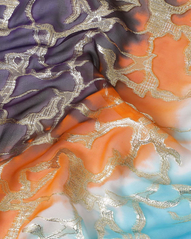 شيفون من الحرير الخالص متعدد الألوان مع لوريكس معدني ذهبي بتصميم تجريدي -D11369