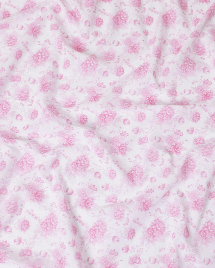 White cotton voile fabric with baby pink print in floral design-D15052