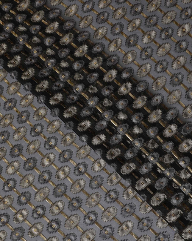 Black Premium pure French (Fransawi) silk chiffon fabric with grey viscose having gold metallic lurex in abstract design-D12704