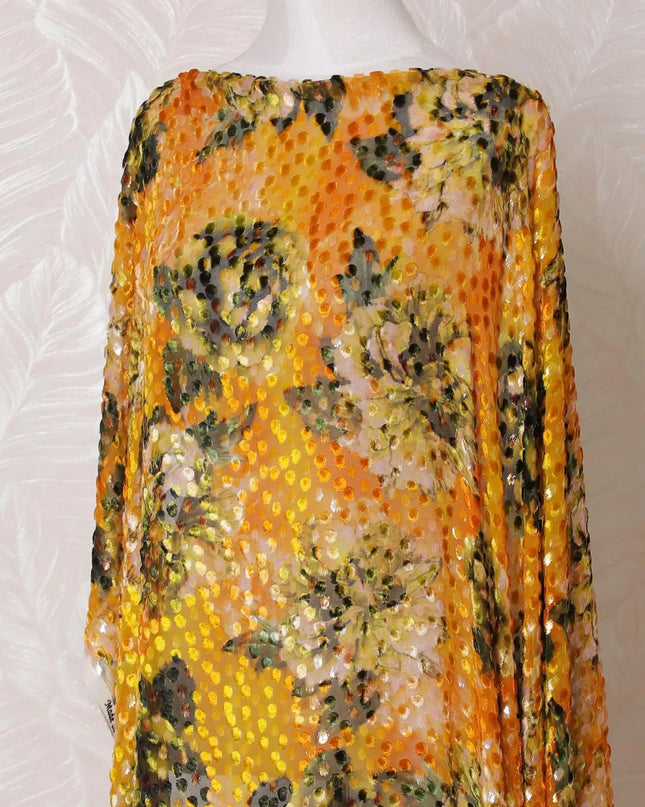 Mustard yellow Premium pure Italian silk blended velvet makmal dirac fabric with multicolor print and same tone metallic lurex in floral design-D15116 Regal Fabrics