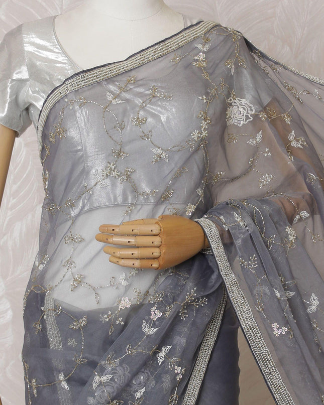 Coin grey Premium silk organza saree with gold bead work having sequin work and pearl work in floral design-D15593