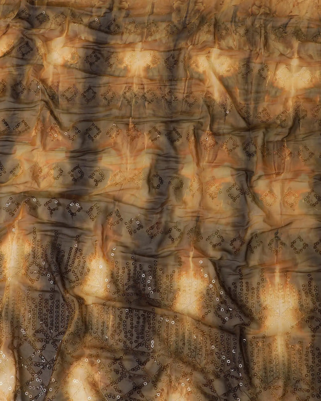 Tortilla brown to Coffee brown synthetic chiffon fabric with transparent sequins and embroidery in geometric design Regal Fabrics