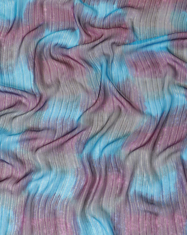 قماش شيفون حريري خالص متعدد الألوان مطبوع مع لوركس معدني ذهبي بتصميم مخطط -D8949