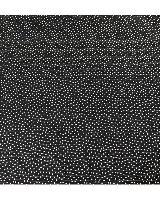 Black viscose crepe printed fabric with white prints and golden lurex in polka dot design-D11155