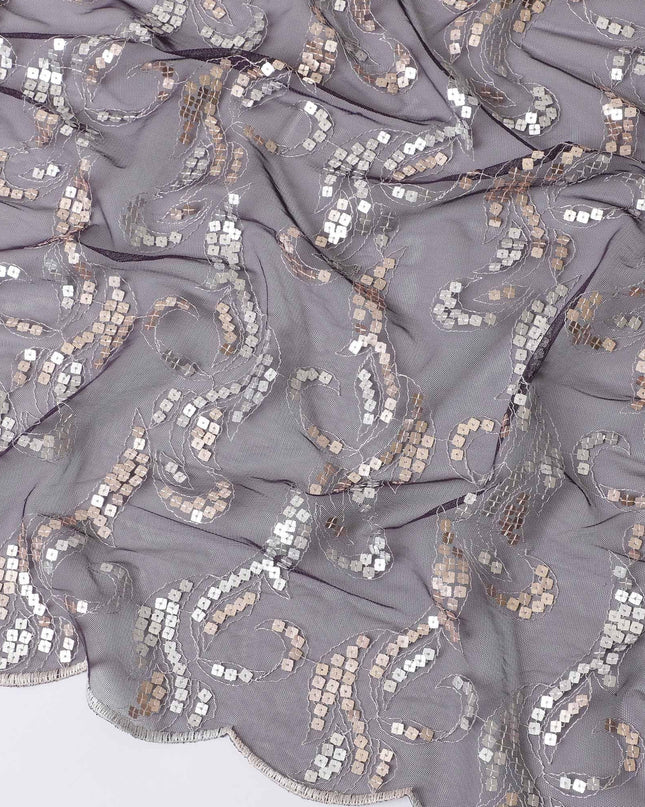 Dark plum nylon tulle fabric with copper and silver fancy embroidery-D11765 Regal Fabrics